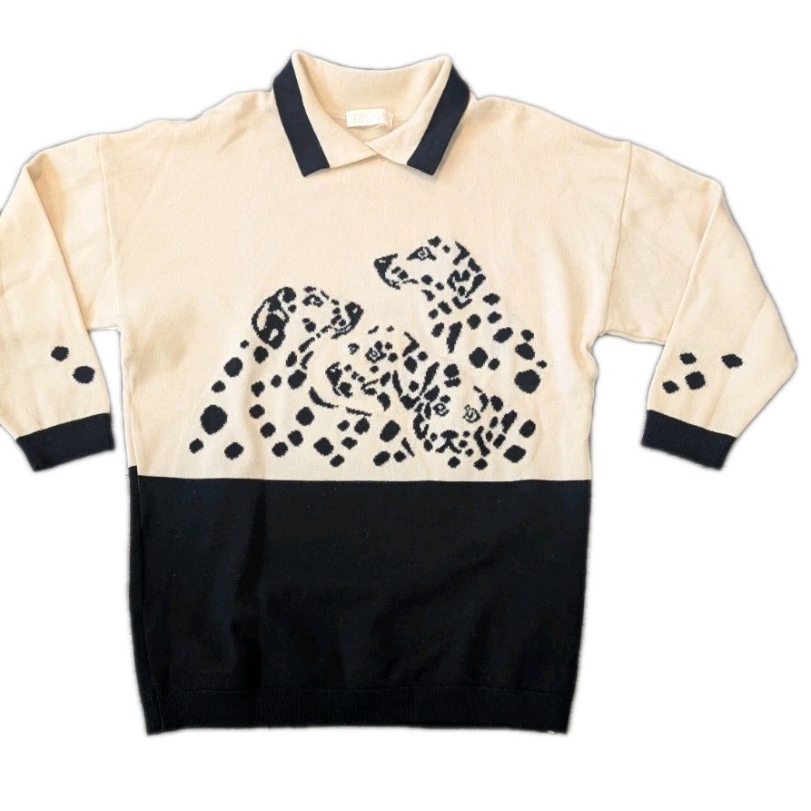 Vtg Escada Margaretha Ley L/Xl Collared Sweater Cream & Black Dalmation Jacquard